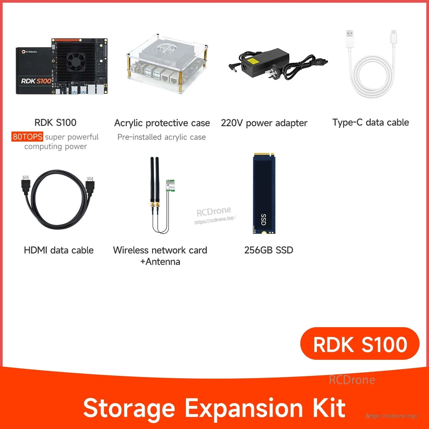 RDK S100 Storage Expansion Kit contents showing 256GB M.2 SSD plus cables, case, and power adapter