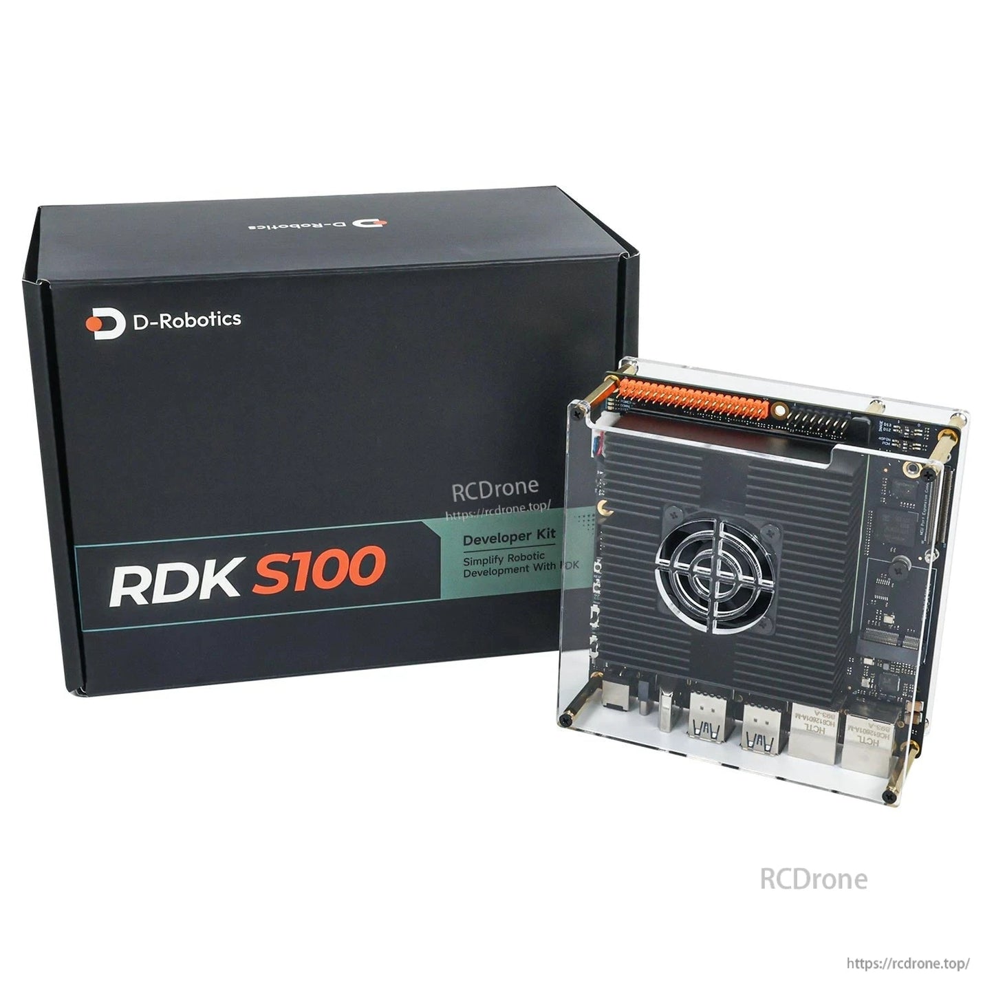 RDK S100 developer kit in acrylic case next to D-Robotics RDK S100 retail box