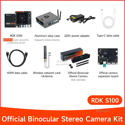 D-Robotics RDK S100 developer kit contents with main board, aluminum case, power adapter, cables, Wi‑Fi card and stereo camera
