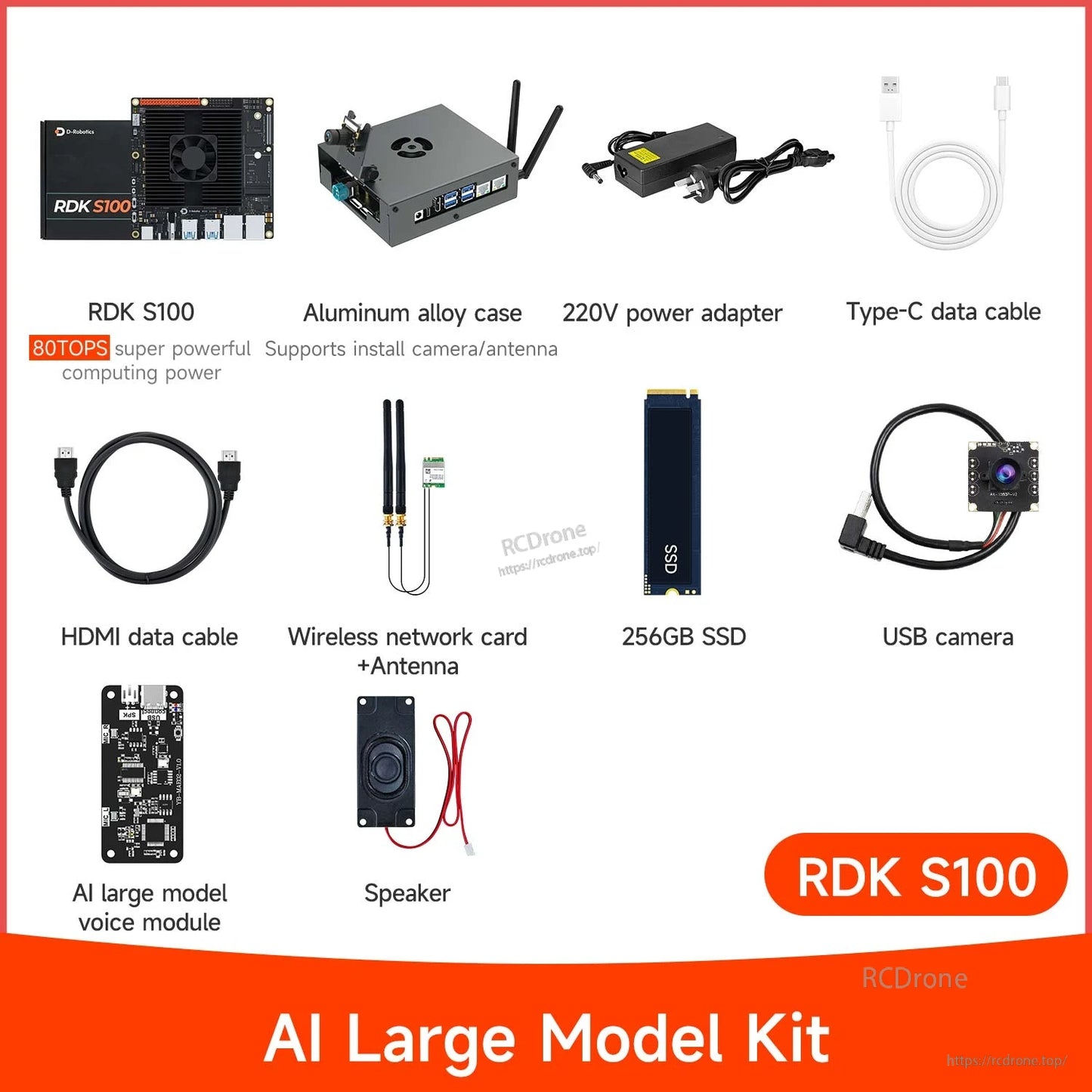RDK S100 AI Large Model Kit contents including voice module, speaker, USB camera, and 256GB SSD