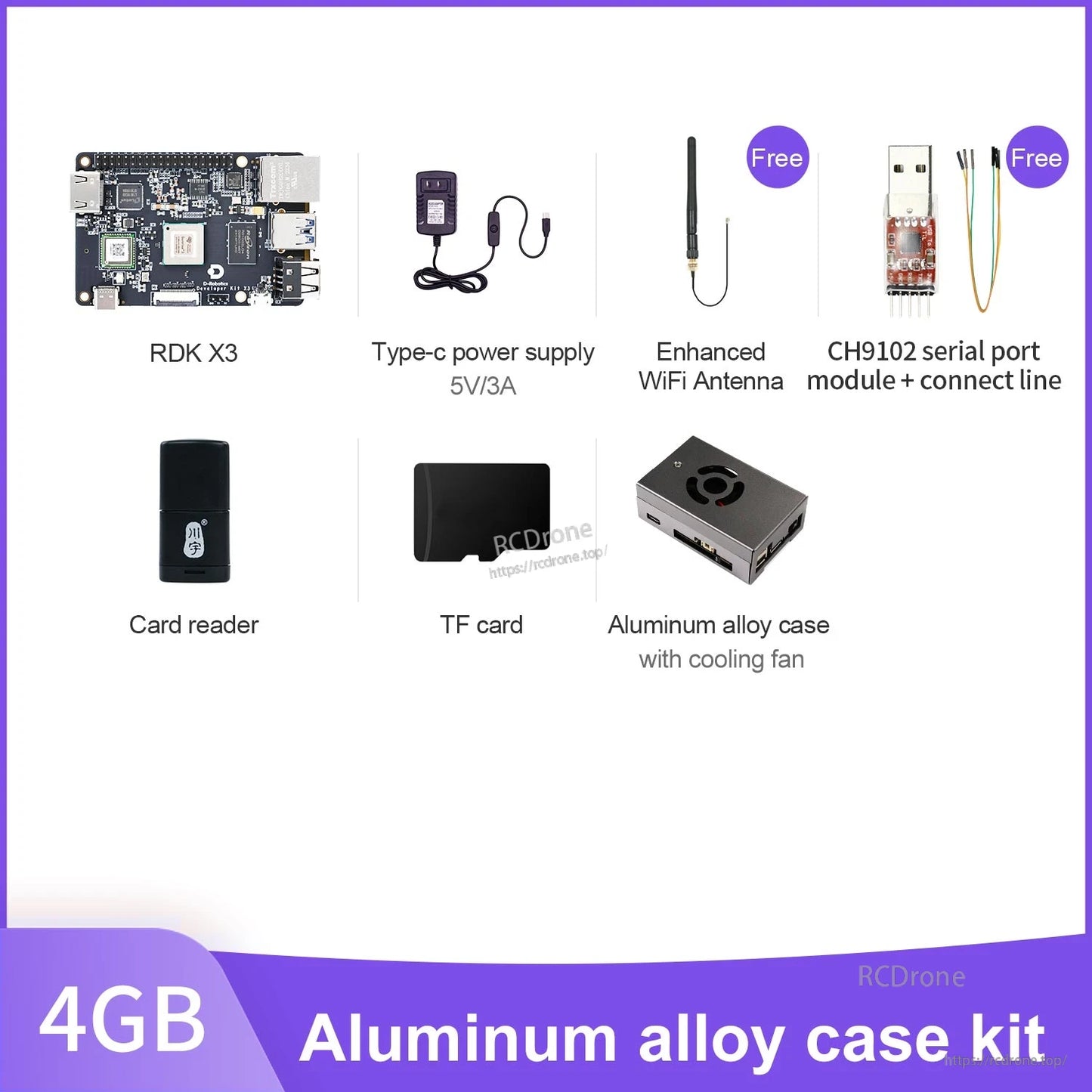 RDK X3 4GB aluminum alloy case kit contents including cooling fan case plus power supply and accessories
