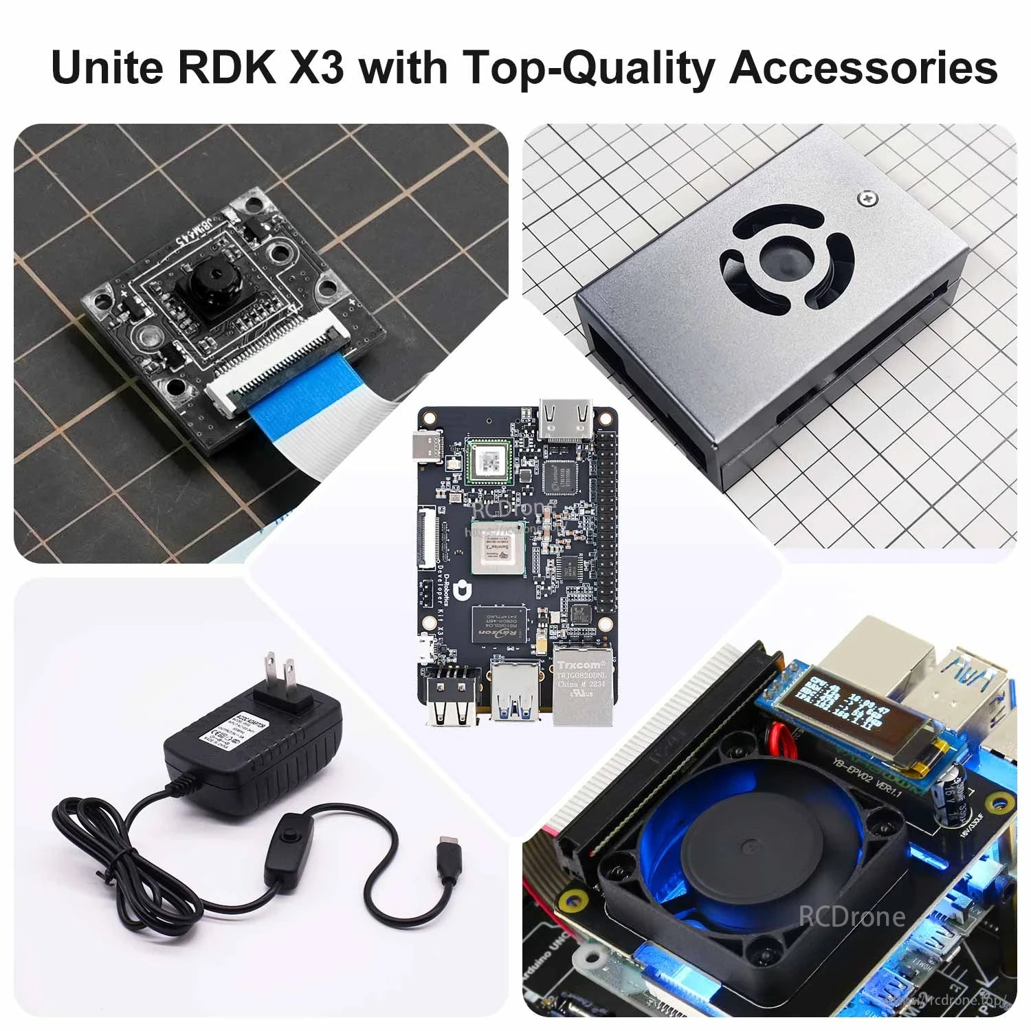 RDK X3 board shown with accessories: camera module, power adapter, aluminum case and cooling fan