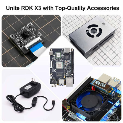 RDK X3 board shown with accessories: camera module, power adapter, aluminum case and cooling fan
