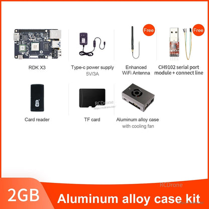 RDK X3 2GB aluminum alloy case kit contents including cooling fan case, power supply, antenna and adapters