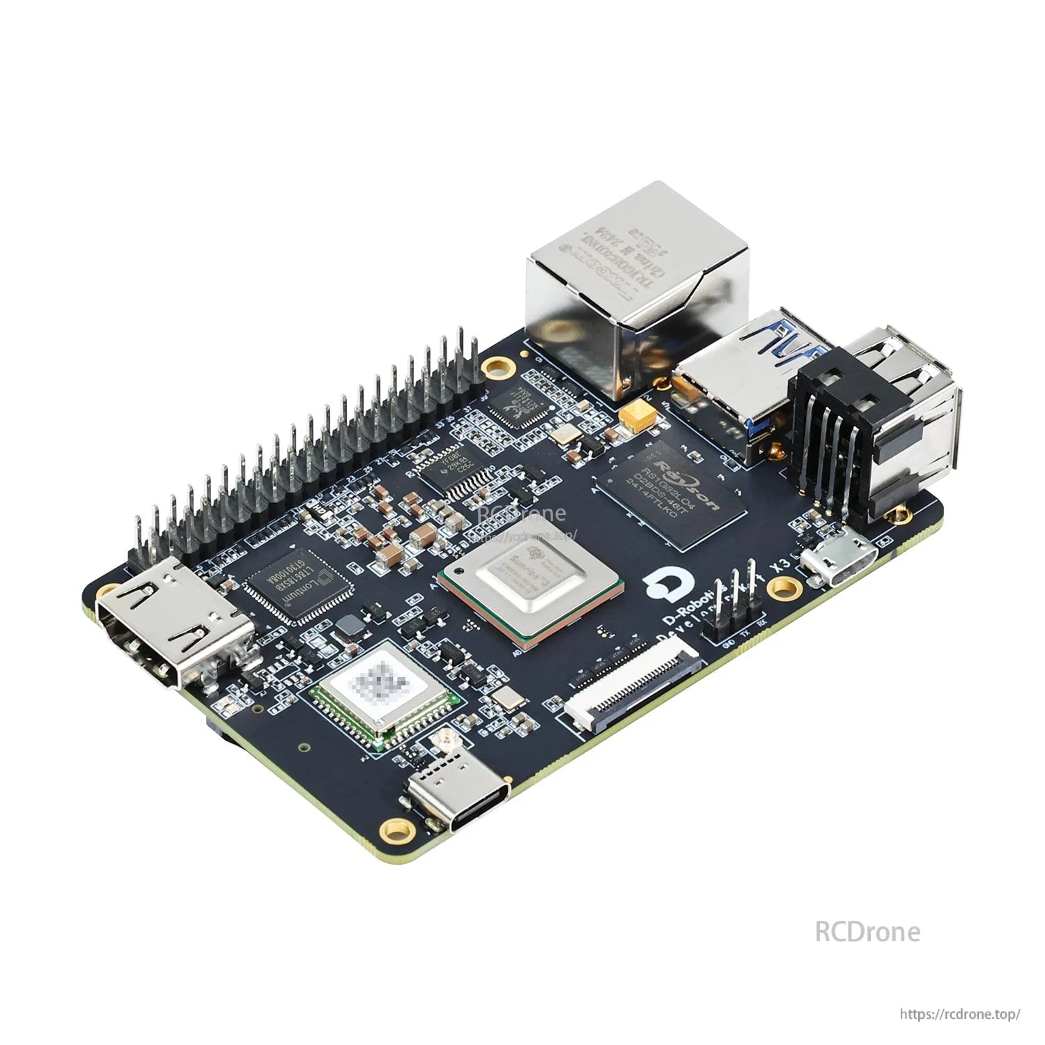 Angled view of D-Robot RDK X3 board highlighting 40‑pin header and rear connector layout