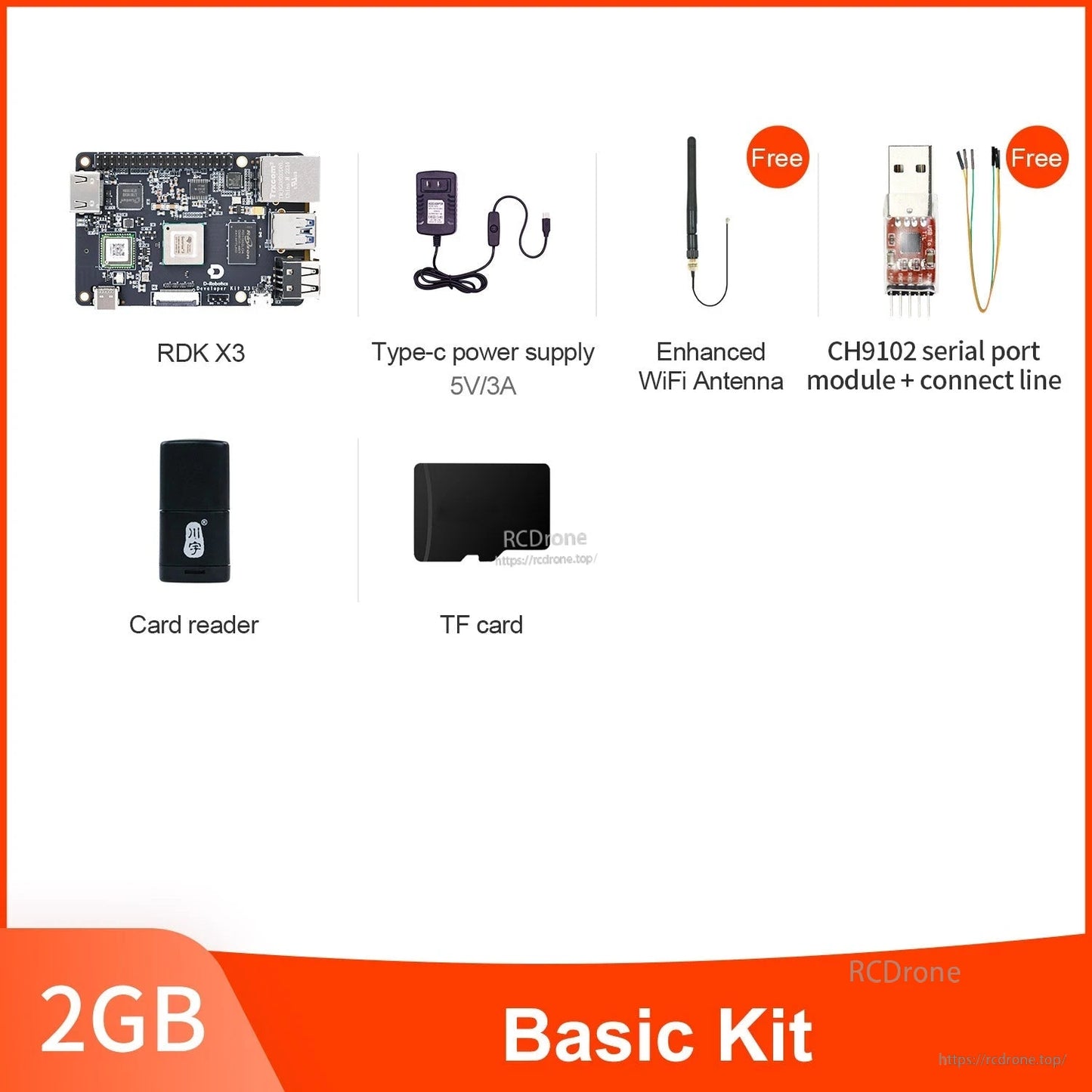 RDK X3 2GB basic kit contents: board, Type‑C 5V/3A supply, WiFi antenna, CH9102 module, reader, TF card