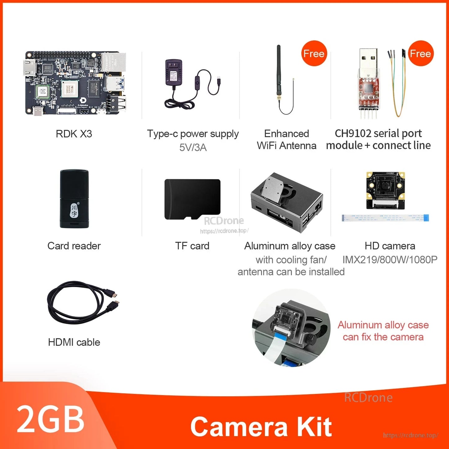 RDK X3 2GB camera kit contents with HDMI cable, aluminum case, HD camera module and accessories