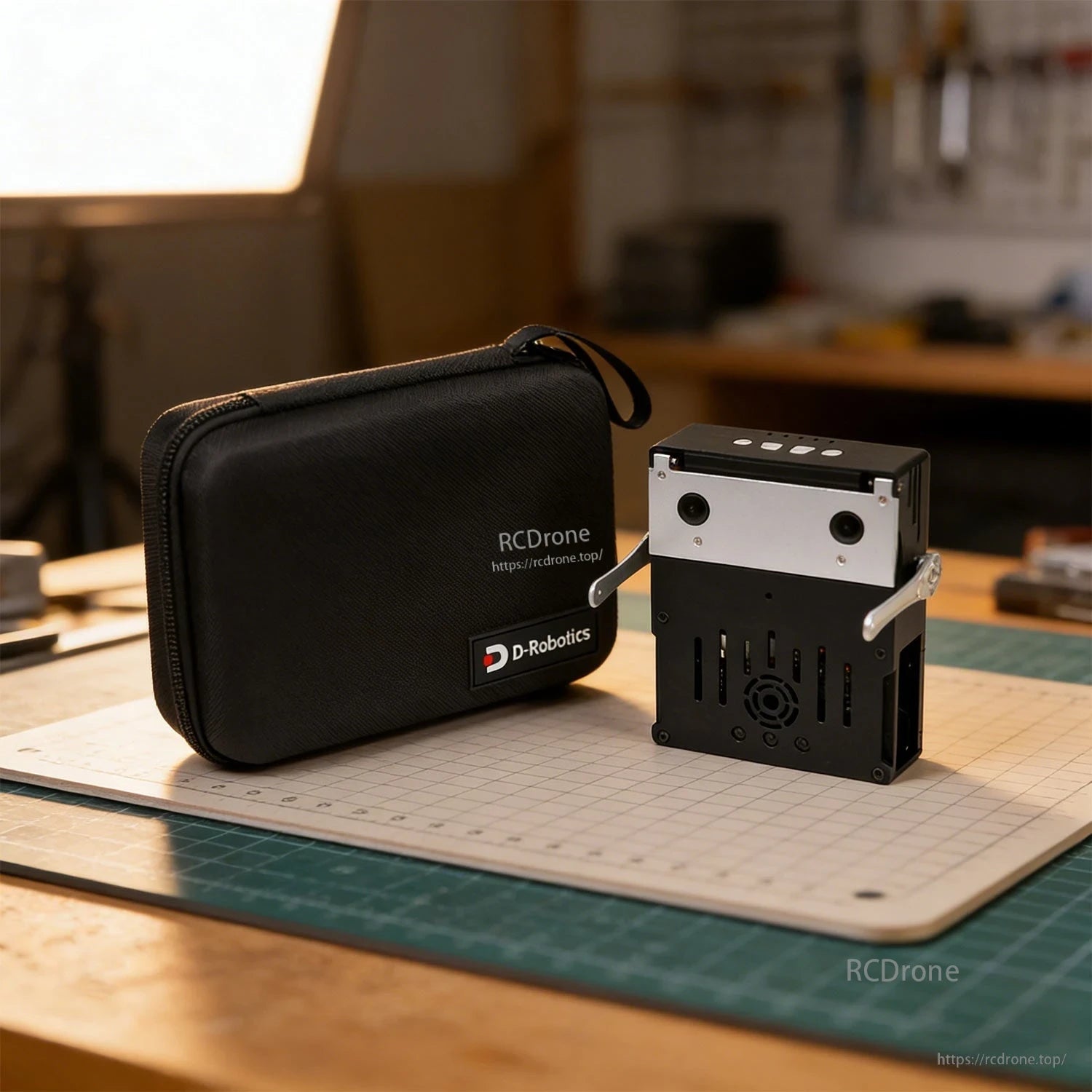 D-Robot device and D-Robotics zip storage case on a workbench cutting mat, lifestyle product shot