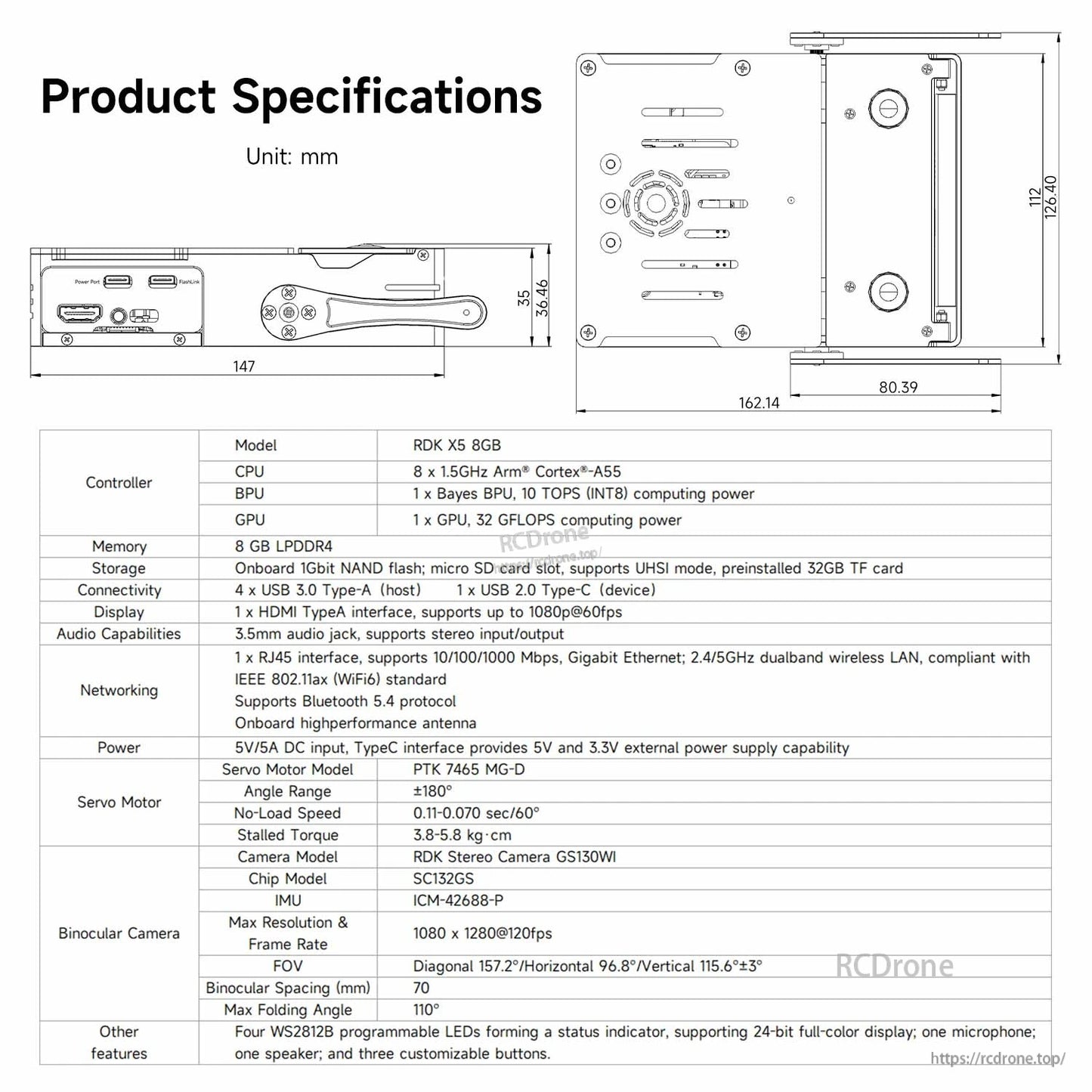 RDK X5 MagicBox product specifications sheet with dimension drawings and hardware spec table