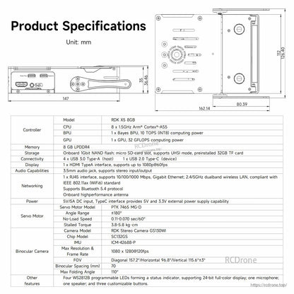 RDK X5 MagicBox product specifications sheet with dimension drawings and hardware spec table