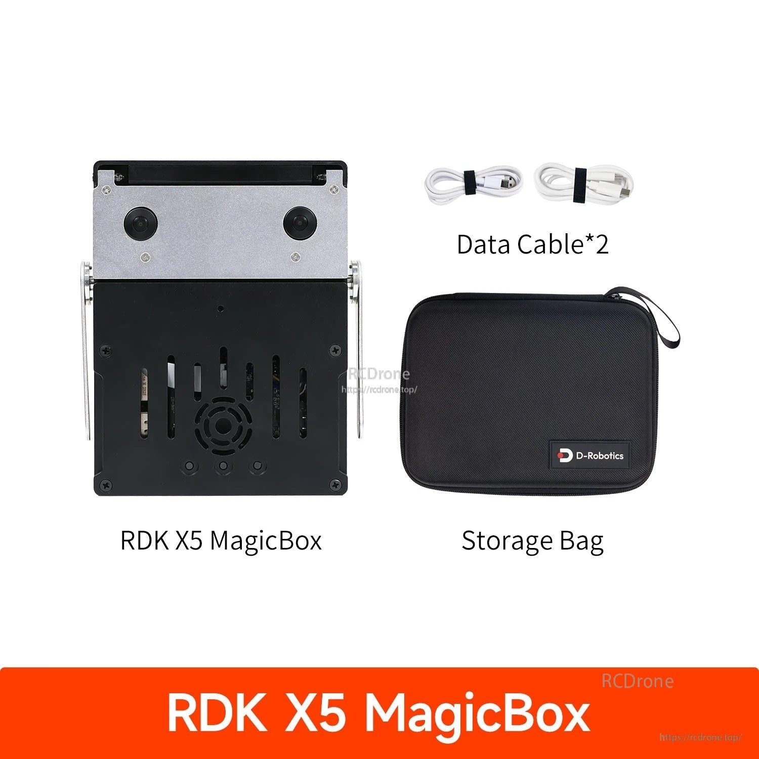 Package contents: RDK X5 MagicBox unit, two data cables, and D-Robotics storage bag