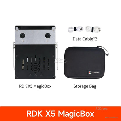 Package contents: RDK X5 MagicBox unit, two data cables, and D-Robotics storage bag