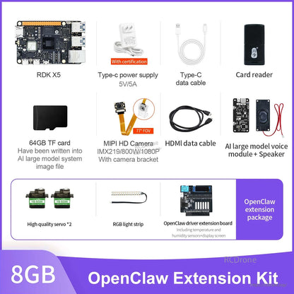 D-Robotics RDK X5 robot developer kit contents with board, 5V/5A USB-C PSU, camera, HDMI cable, TF card, servos and extension board
