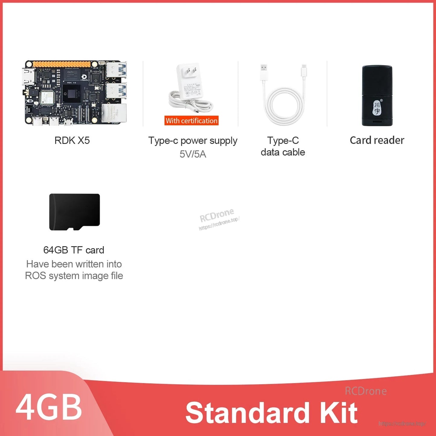 RDK X5 4GB standard kit contents with 64GB TF card, card reader, Type-C power supply and data cable