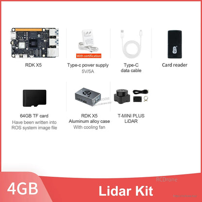 RDK X5 4GB lidar kit contents including T-MINI PLUS LiDAR with aluminum case, TF card, and power/data cables