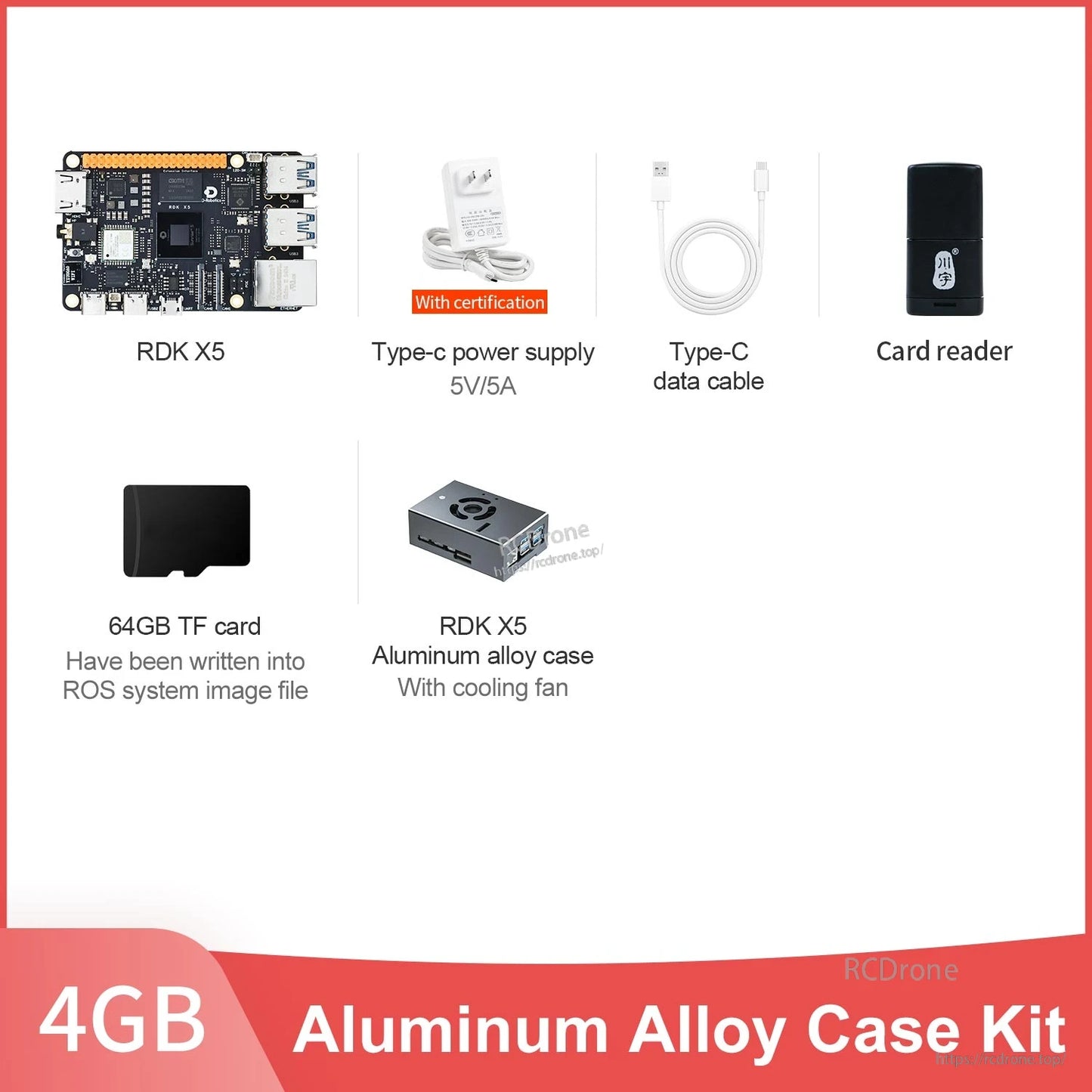 RDK X5 4GB aluminum alloy case kit contents including cooling fan case, 64GB TF card, cables and card reader
