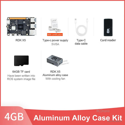 RDK X5 4GB aluminum alloy case kit contents including cooling fan case, 64GB TF card, cables and card reader