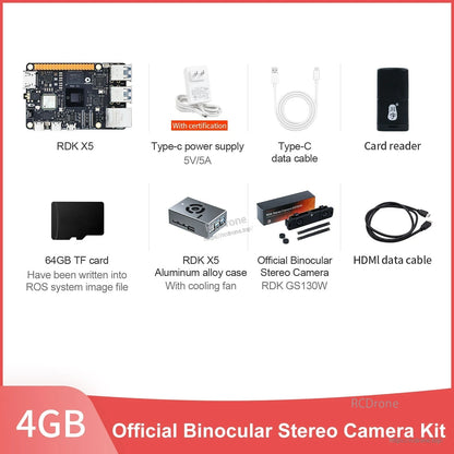 D-Robotics RDK X5 robot developer kit contents with board, 5V/5A USB-C power, 64GB TF card, stereo camera