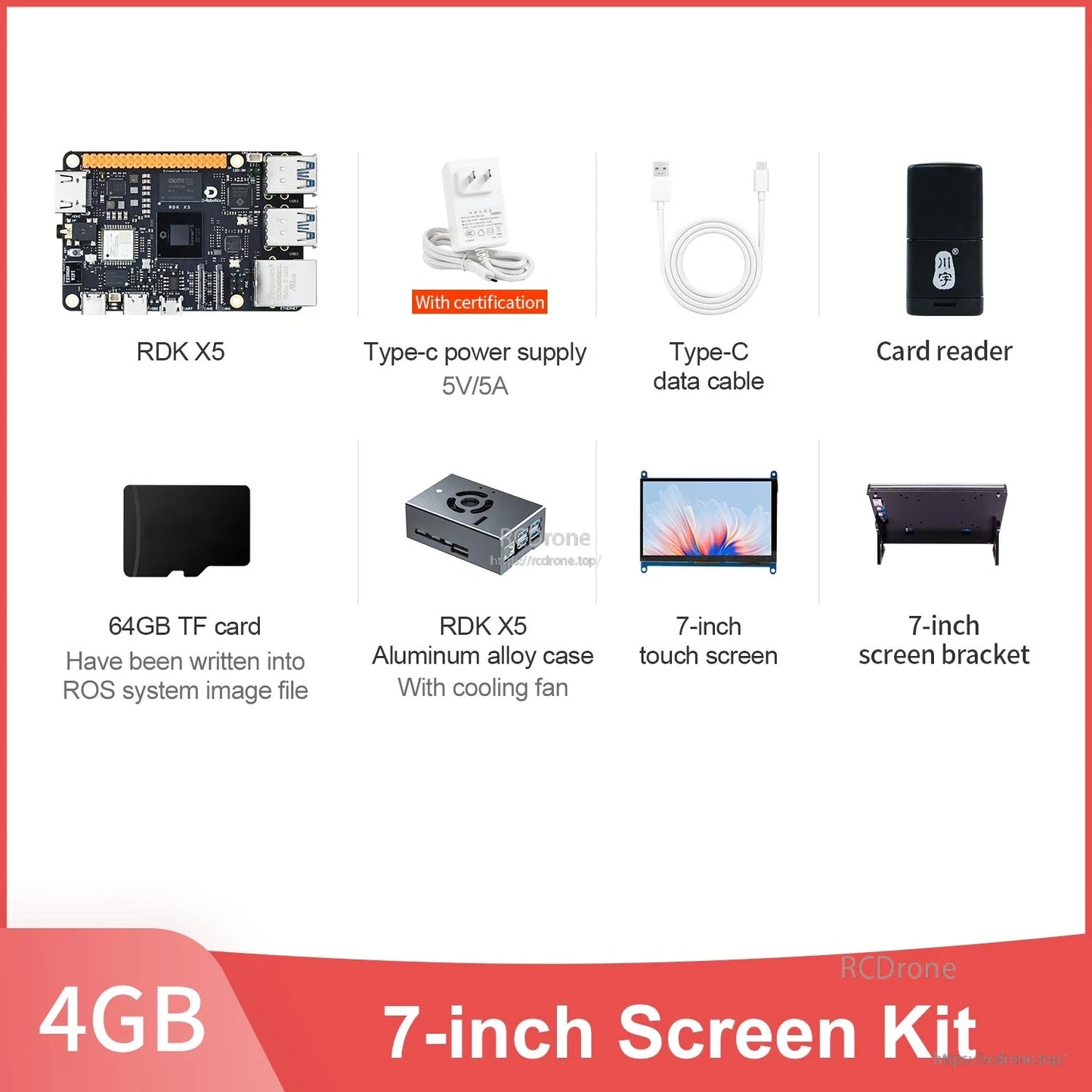 RDK X5 4GB 7-inch screen kit contents including 7-inch touch screen and screen bracket plus case and cables