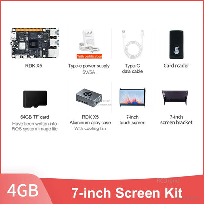 RDK X5 4GB 7-inch screen kit contents including 7-inch touch screen and screen bracket plus case and cables