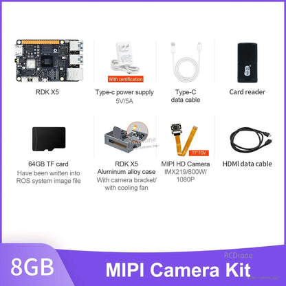 D-Robotics RDK X5 8GB MIPI camera kit with IMX219 camera, 64GB TF card, case with fan, cables and PSU
