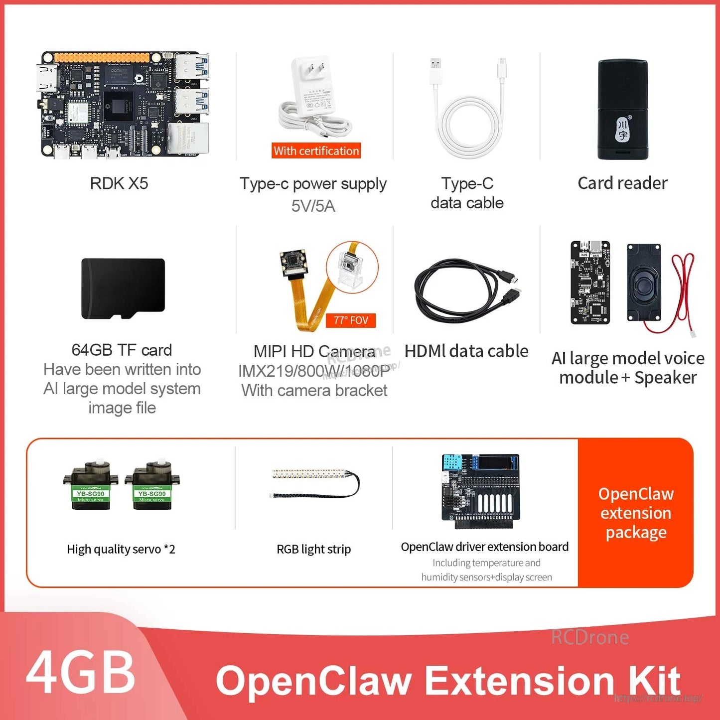 D-Robotics RDK X5 OpenClaw extension kit with RDK X5 board, power supply, TF card, camera, cables, servos and modules