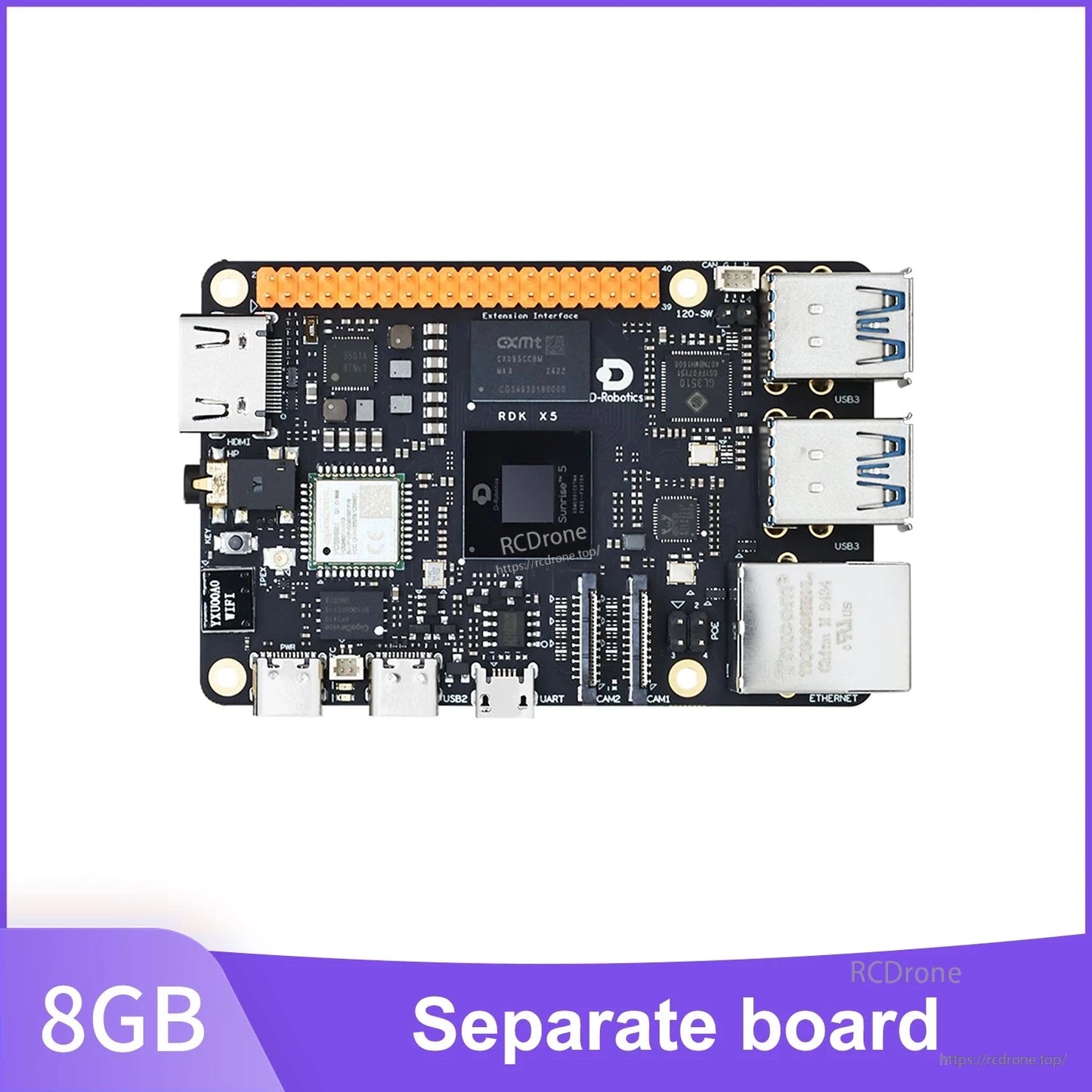 D-Robotics RDK X5 robot developer board (8GB) with GPIO header, dual USB 3.0 ports, and Ethernet jack