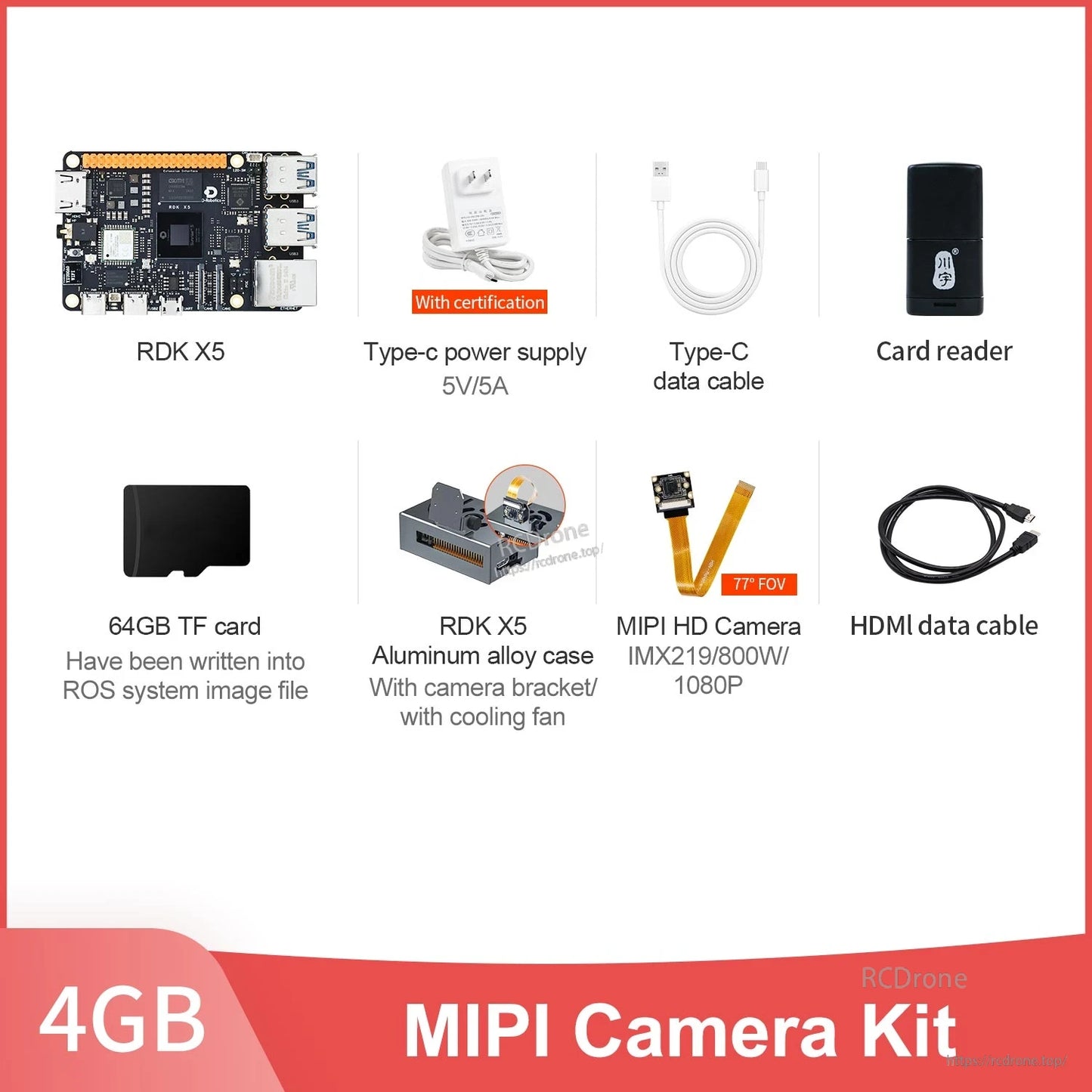 RDK X5 4GB MIPI camera kit contents with aluminum case, IMX219 MIPI HD camera and HDMI cable