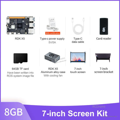 D-Robotics RDK X5 7-inch screen kit with dev board, USB-C 5V/5A power supply, cable, TF card and case