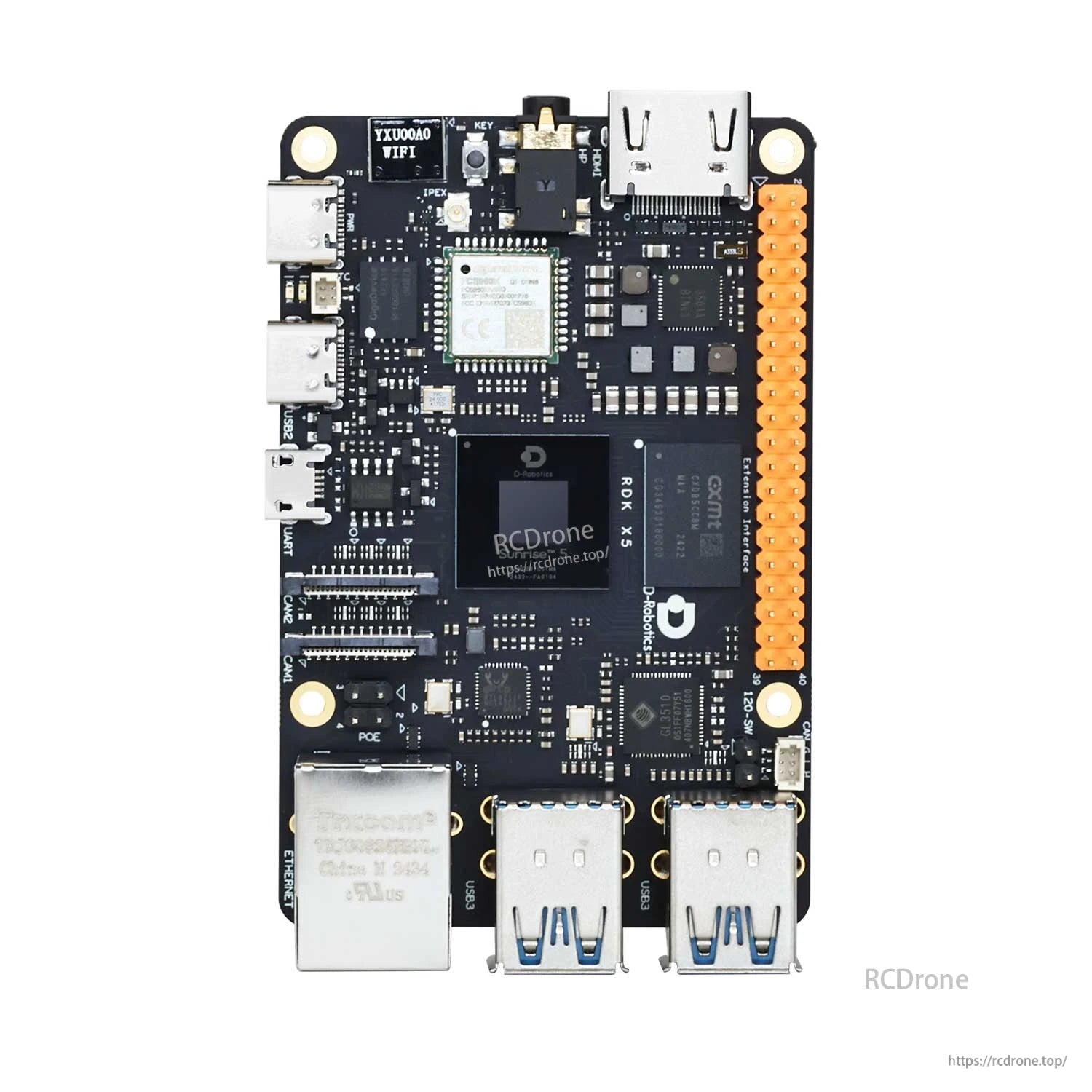 D-Robotics RDK X5 robot developer kit board top view showing Ethernet, USB ports, GPIO header and connectors