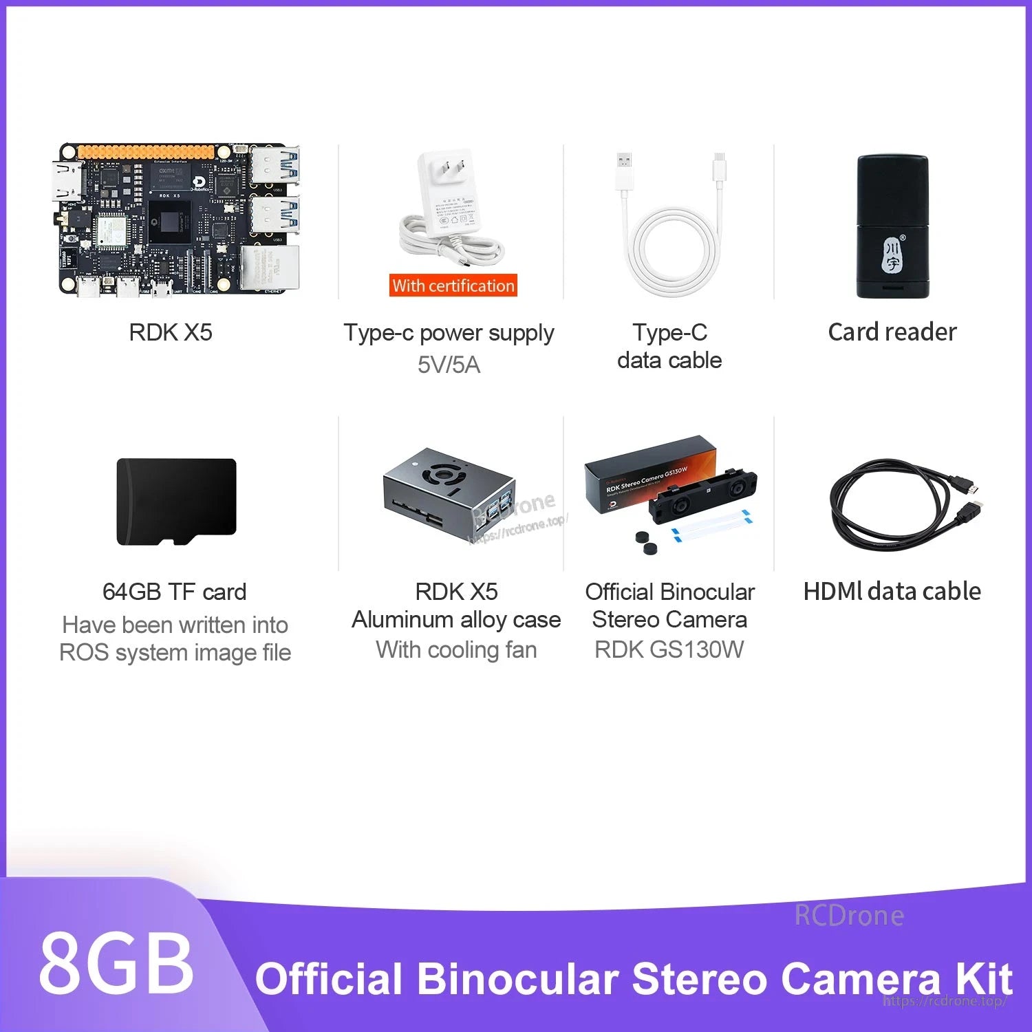 D-Robotics RDK X5 kit contents with board, Type-C 5V/5A power supply, cables, card reader, 64GB TF card and stereo camera