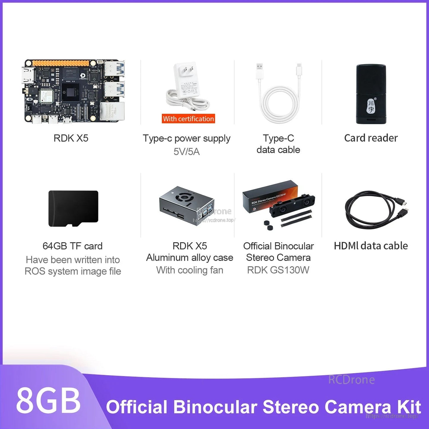 D-Robotics RDK X5 kit contents with board, stereo camera, aluminum case, 64GB TF card, USB-C power and HDMI