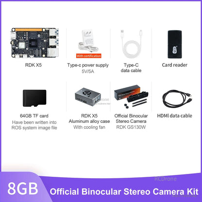 D-Robotics RDK X5 kit contents with board, stereo camera, aluminum case, 64GB TF card, USB-C power and HDMI