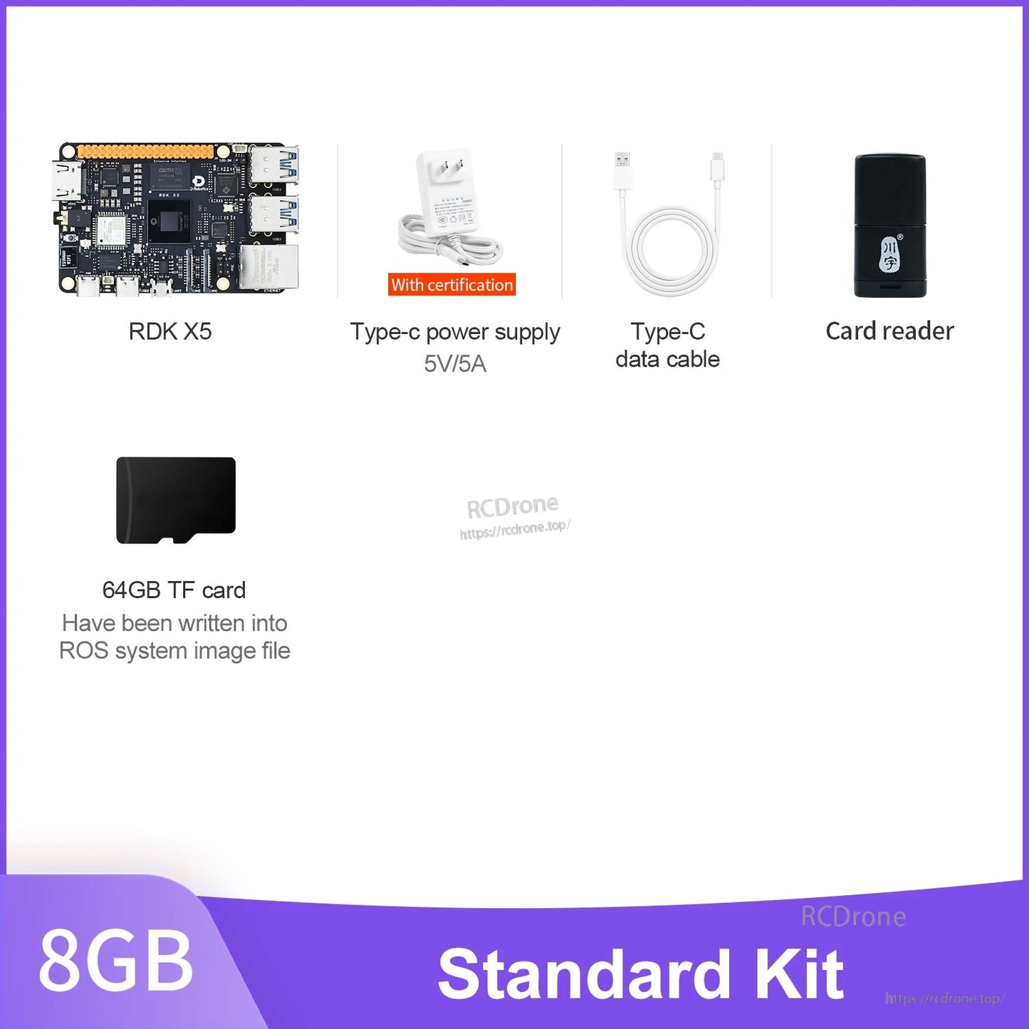 D-Robotics RDK X5 standard kit with main board, 5V/5A USB-C power adapter, USB-C cable, card reader and 64GB TF card