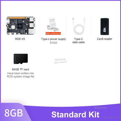 D-Robotics RDK X5 standard kit with main board, 5V/5A USB-C power adapter, USB-C cable, card reader and 64GB TF card