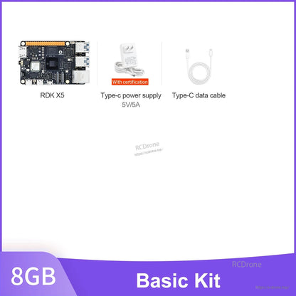 D-Robotics RDK X5 basic kit with RDK X5 board, 5V/5A USB-C power supply, and USB-C data cable