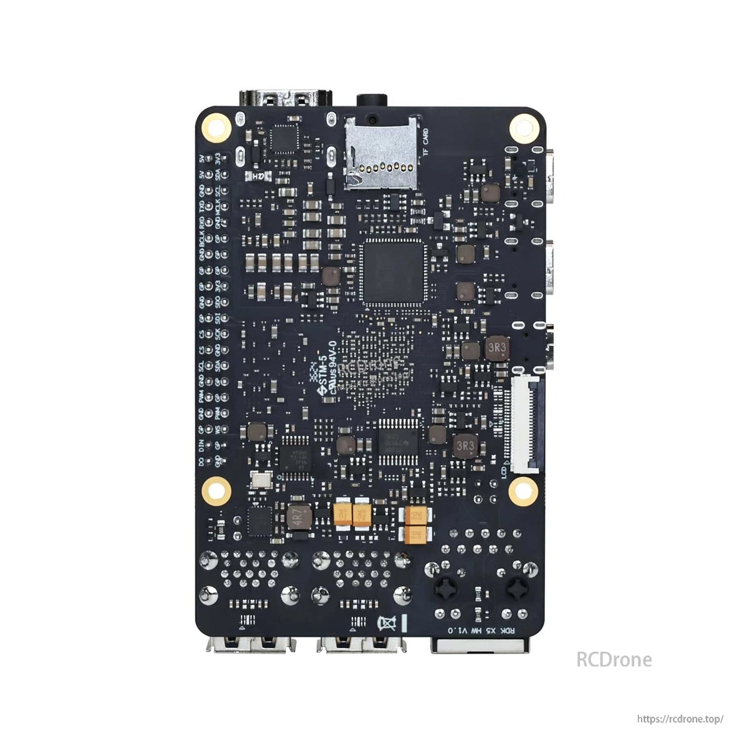 RDK X5 board back side view showing underside components, solder points and mounting holes