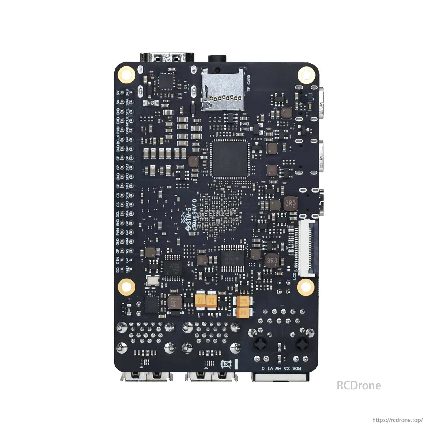 RDK X5 board back side view showing underside components, solder points and mounting holes