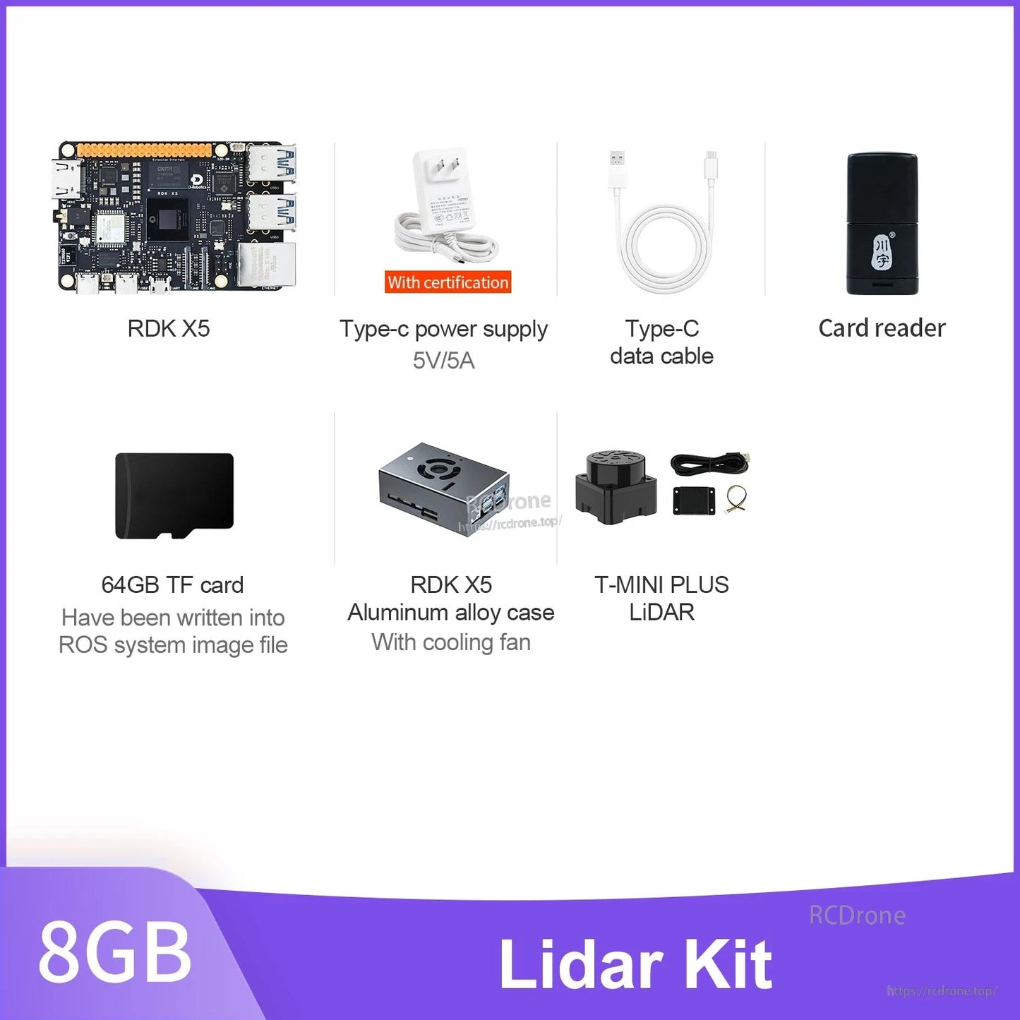 D-Robotics RDK X5 lidar kit contents with RDK X5 board, Type‑C cables, 5V/5A PSU, case, TF card and T‑Mini Plus LiDAR