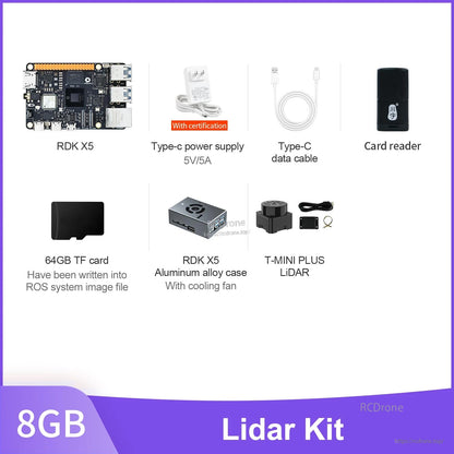 D-Robotics RDK X5 lidar kit contents with RDK X5 board, Type‑C cables, 5V/5A PSU, case, TF card and T‑Mini Plus LiDAR
