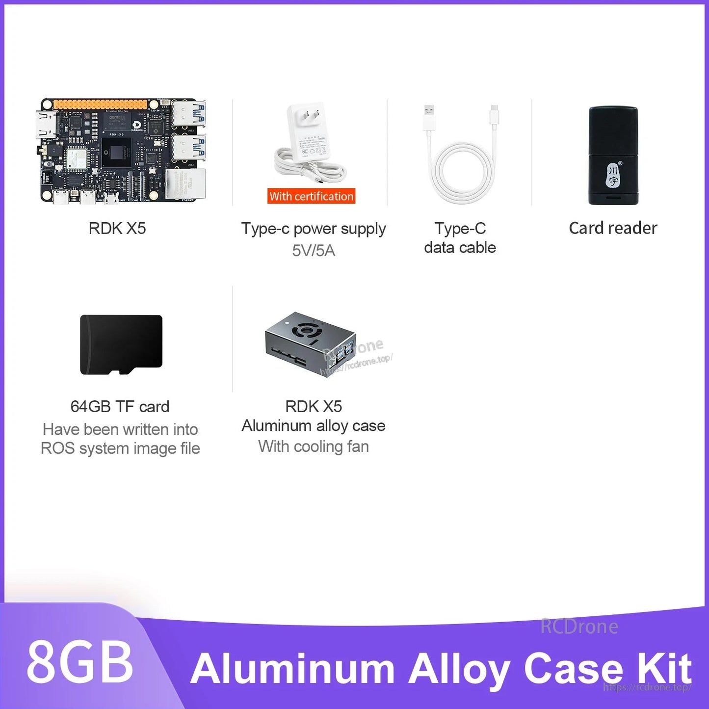D-Robotics RDK X5 developer kit contents: board, 5V/5A Type‑C power supply, USB‑C cable, card reader, 64GB TF card and aluminum case with 팬