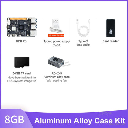 D-Robotics RDK X5 developer kit contents: board, 5V/5A Type‑C power supply, USB‑C cable, card reader, 64GB TF card and aluminum case with 팬