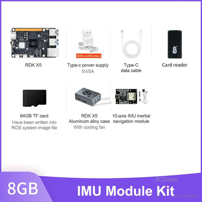 D-Robotics RDK X5 8GB IMU module kit with board, 5V/5A USB-C power supply, cable, case, TF card and reader