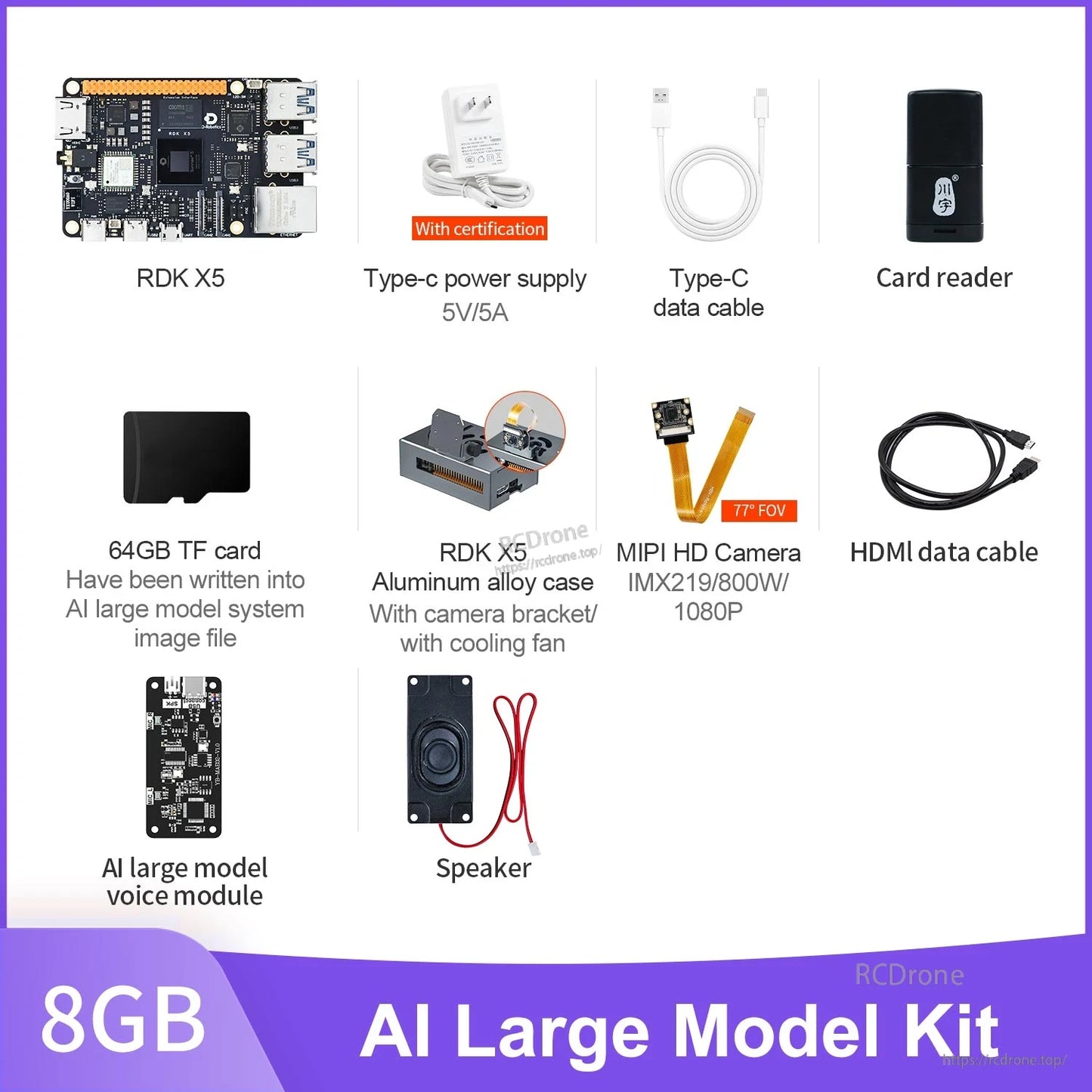 D-Robotics RDK X5 AI Large Model Kit with RDK X5 board, camera, aluminum case, cables, 64GB TF card and accessories