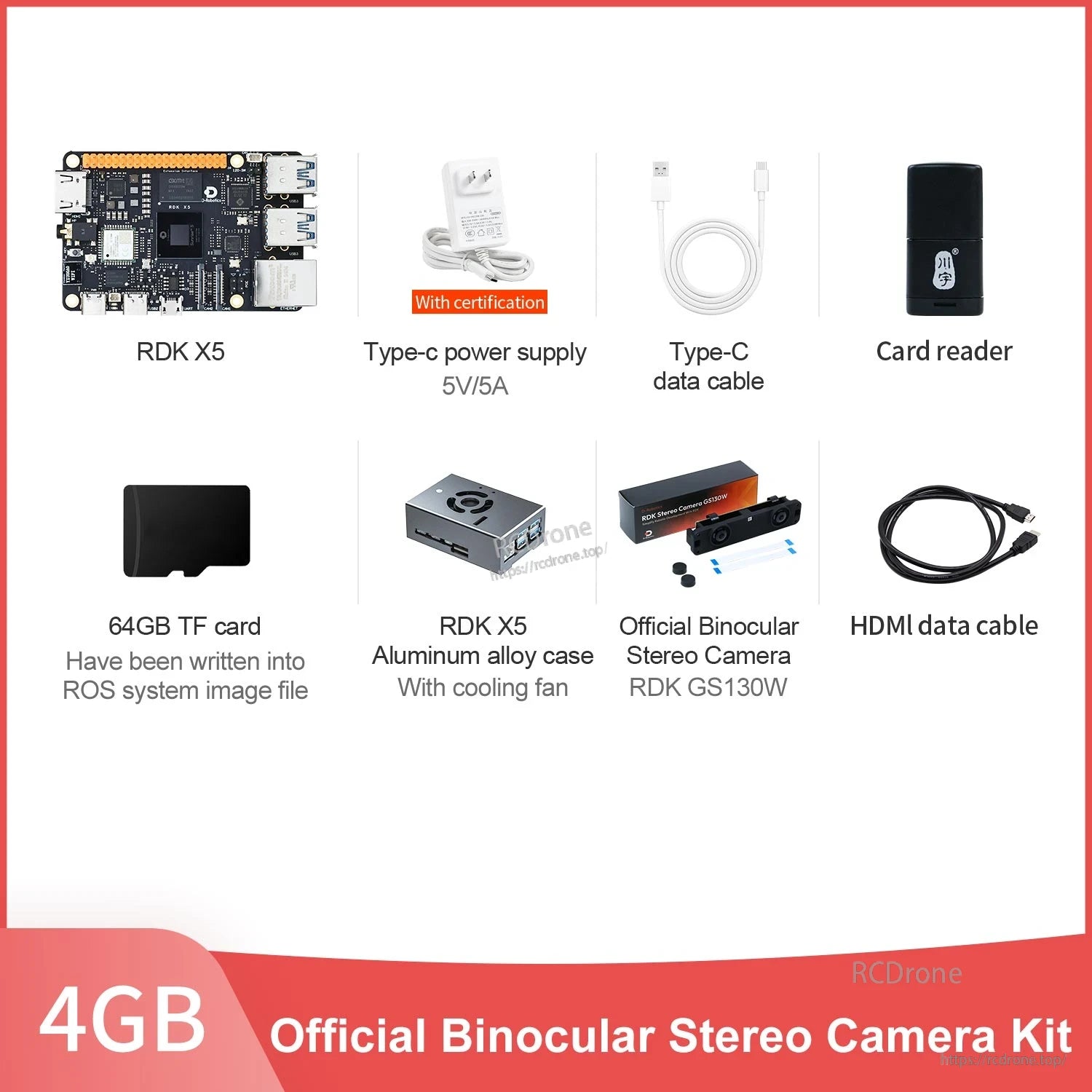 D-Robotics RDK X5 developer kit contents with board, stereo camera, 64GB TF card, cables, case and PSU
