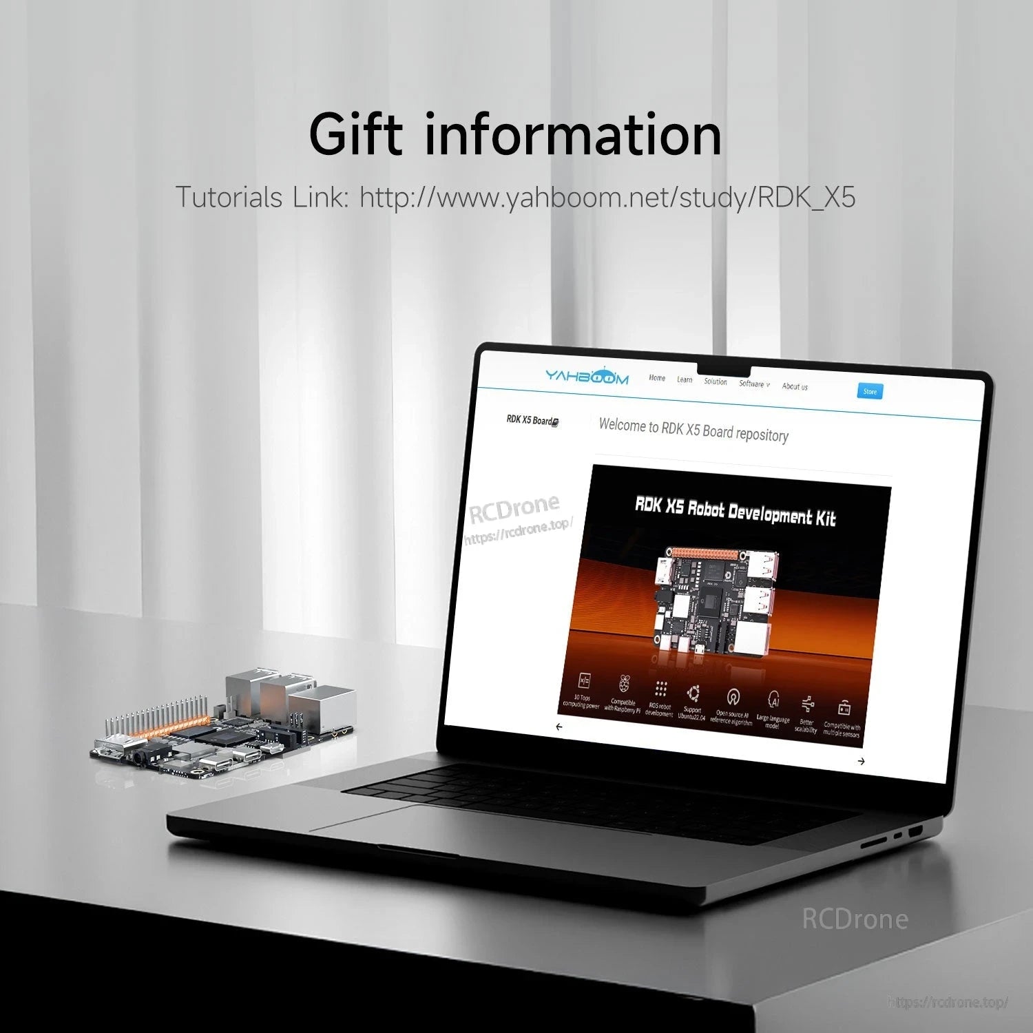 Gift information graphic showing tutorial link website on a laptop next to the RDK X5 board