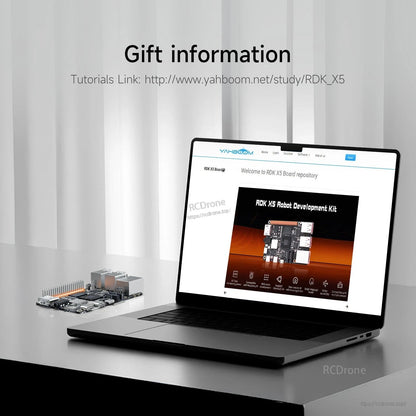 Gift information graphic showing tutorial link website on a laptop next to the RDK X5 board