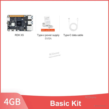 D-Robotics RDK X5 4GB basic kit contents: board, 5V/5A Type-C power supply and Type-C data cable