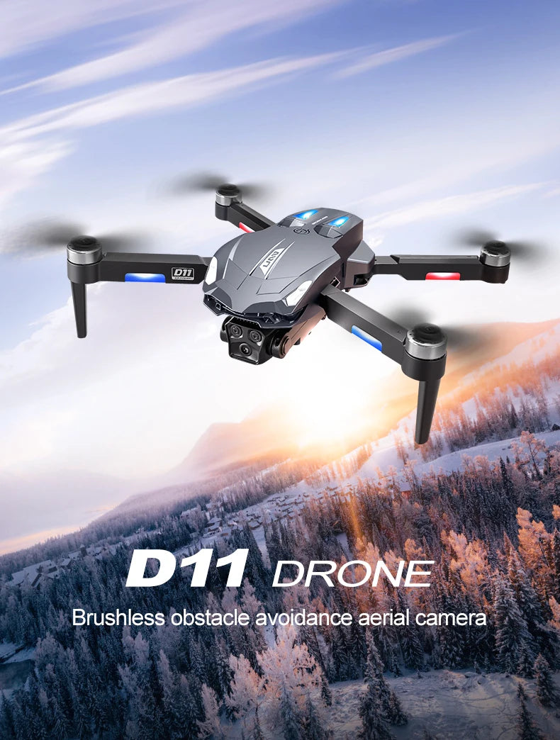 The D11 Drone has a brushless motor and obstacle avoidance system for capturing aerial footage.