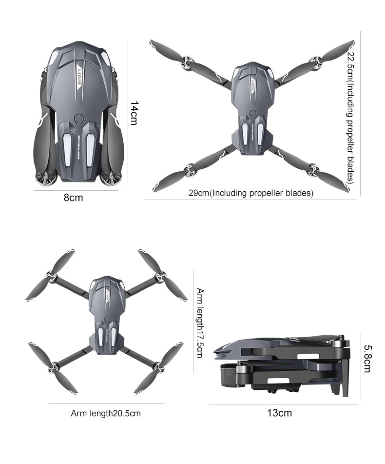 The DJI D11 drone is foldable and compact, measuring 8cm x 29cm (with propellers) and having an arm length of 13cm.